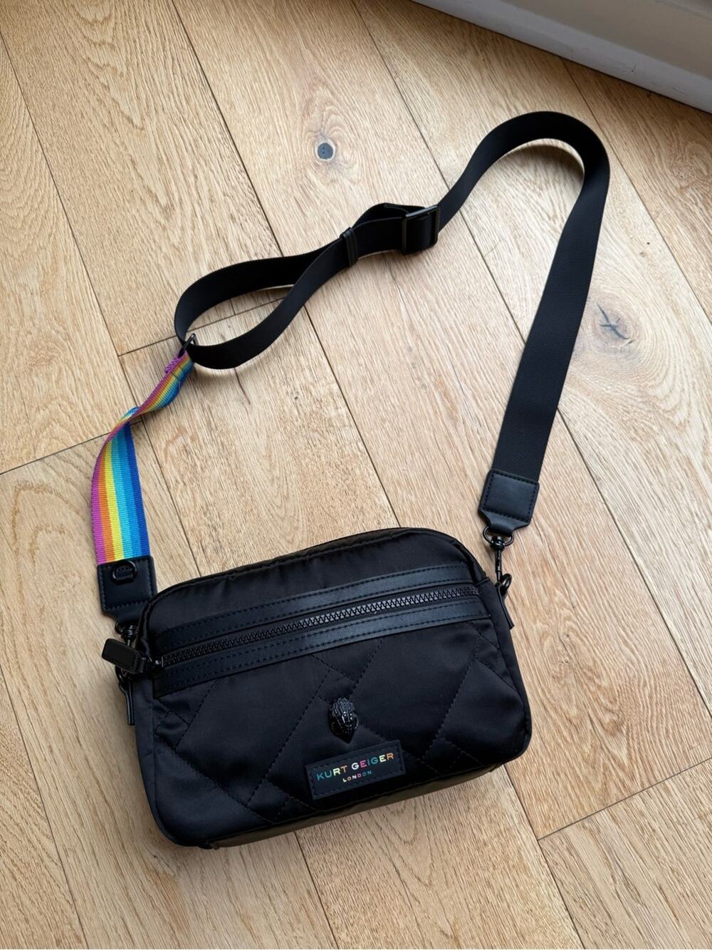Kurt Geiger London Recycled Nylon Crossbody Bag Black Rainbow Strap Top Zip
